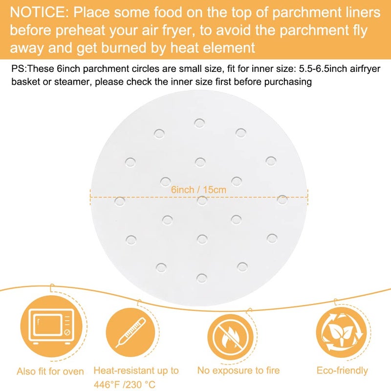 BYKITCHEN Air Fryer Parchment Paper, Set of 100, 6 inch Air Fryer Liner/Bamboo Steamer Paper/Perforated Parchment Paper for Air Fryer, Steaming Basket and More (7/8/9/10 Inch Available) - Image 5